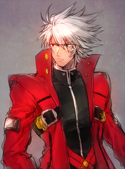 blazblue coat green_eyes heterochromia ingpink male_focus ragna_the_bloodedge red_eyes solo white_hair