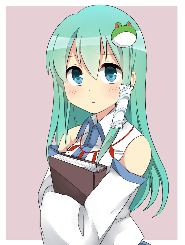 bare_shoulders blue_eyes blush book book_hug detached_sleeves frog green_hair holding holding_book jewelry kochiya_sanae long_hair looking_at_viewer necklace ochazuke snake solo touhou upper_body worried