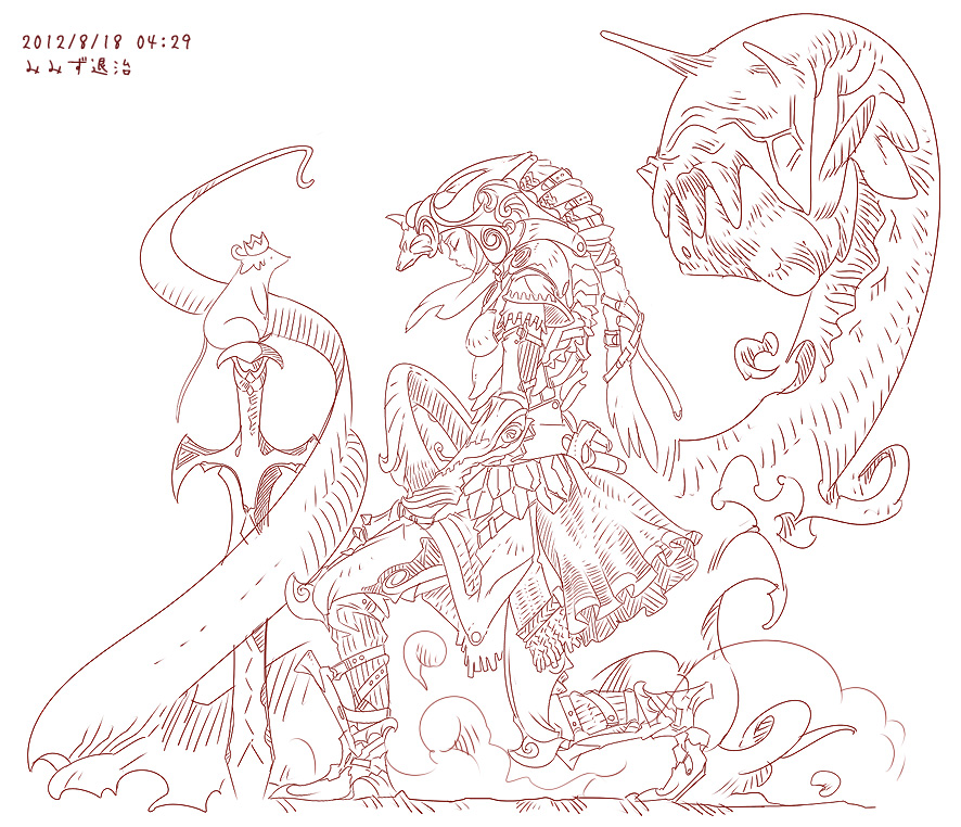2012 animal armor closed_eyes copyright_request creature crown dated helmet horn kneeling lineart monochrome monster planted_sword planted_weapon simple_background sword translation_request weapon white_background yanagi_yagiaji