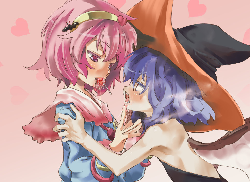 alternate_costume bat_hair_ornament bat_wings blue_hair candy costume eye_contact food hair_ornament hairband hat heart komeiji_satori lollipop looking_at_another mouth_hold multiple_girls open_mouth pink_eyes pink_hair red_eyes remilia_scarlet smile tongue tongue_out touhou upper_body wings witch_hat yohane yuri
