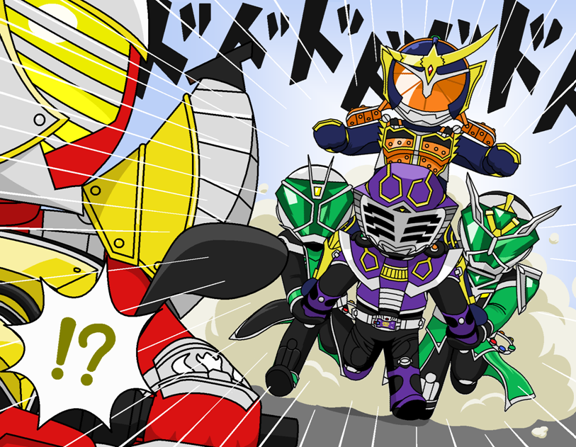 5boys armor belt dual_persona jewelry kamen_rider kamen_rider_baron kamen_rider_gaim kamen_rider_gaim_(series) kamen_rider_ouja kamen_rider_ryuki_(series) kamen_rider_wizard kamen_rider_wizard_(series) mask multiple_boys redol ring