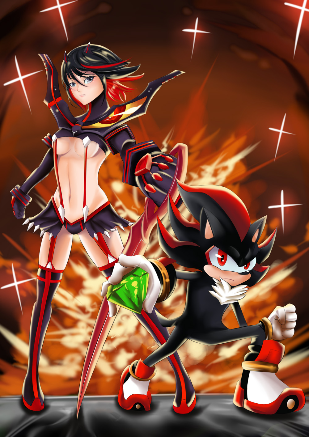 animeotoko_(grooth) breasts color_connection crossover explosion furry gloves highres kill_la_kill matoi_ryuuko md5_mismatch medium_breasts multicolored_hair navel revealing_clothes scissor_blade senketsu shadow_the_hedgehog sonic_the_hedgehog suspenders sword thighhighs two-tone_hair weapon
