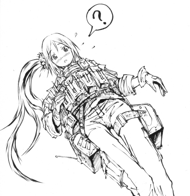 ? bad_id bad_pixiv_id bae.c blush gloves greyscale long_hair looking_at_viewer military monochrome original side_ponytail solo speech_bubble spoken_question_mark very_long_hair walkie-talkie