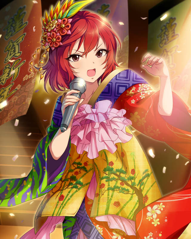 artist_request brown_eyes floral_print flower frills hair_flower hair_ornament happy_new_year idol idolmaster idolmaster_cinderella_girls japanese_clothes jpeg_artifacts kimono microphone murakami_tomoe music new_year obi official_art open_mouth red_hair sash short_hair singing solo stage
