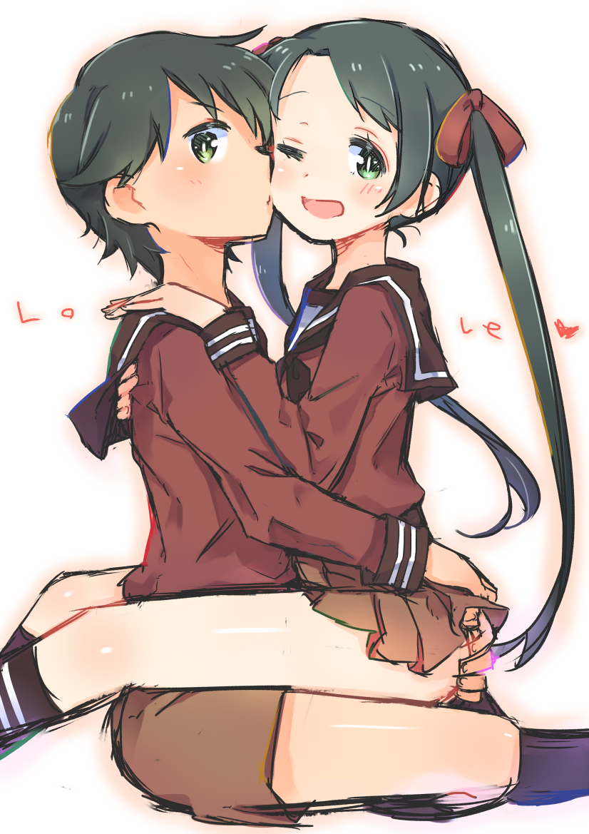 ;d amana_(pocketkey) ass_grab black_hair blush cheek_kiss english grabbing_another's_ass green_eyes groping hair_ribbon hug kantai_collection kiss long_hair mikuma_(kantai_collection) mogami_(kantai_collection) multiple_girls one_eye_closed open_mouth ribbon school_uniform serafuku short_hair shorts sitting sitting_on_lap sitting_on_person skirt smile twintails yuri