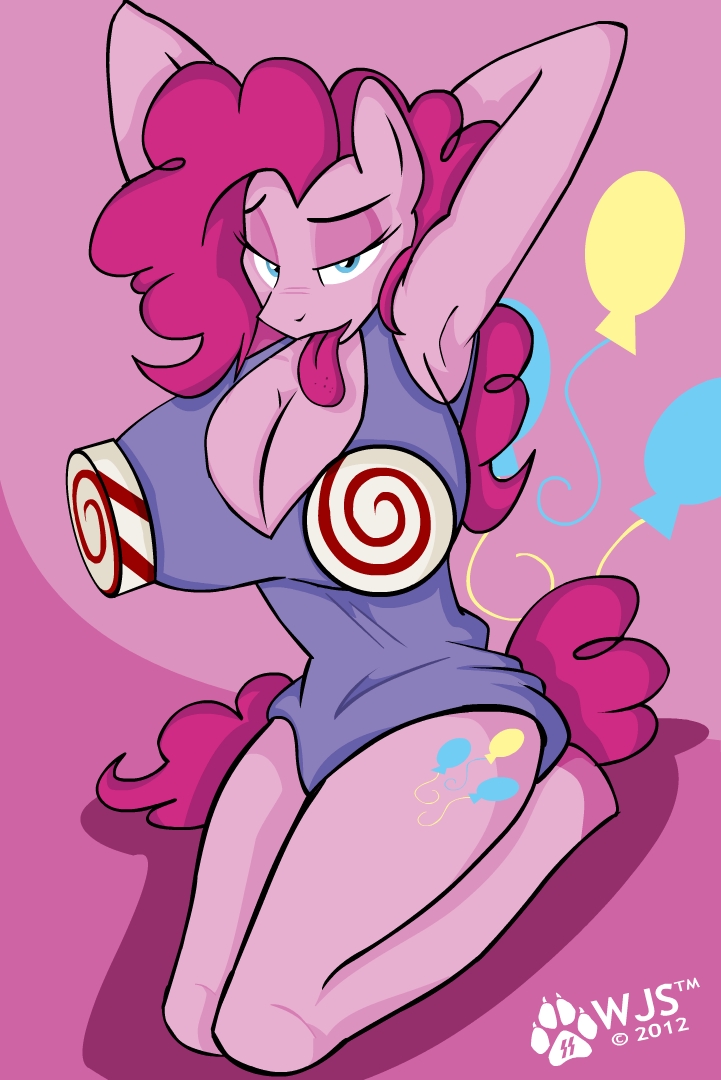 anthrofied big_breasts blue_eyes breasts cleavage clothed clothing cutie_mark equine female friendship_is_magic horse kneeling mammal my_little_pony one-piece_swimsuit pinkie_pie_(mlp) pony pose solo swimsuit tongue wolfjedisamuel