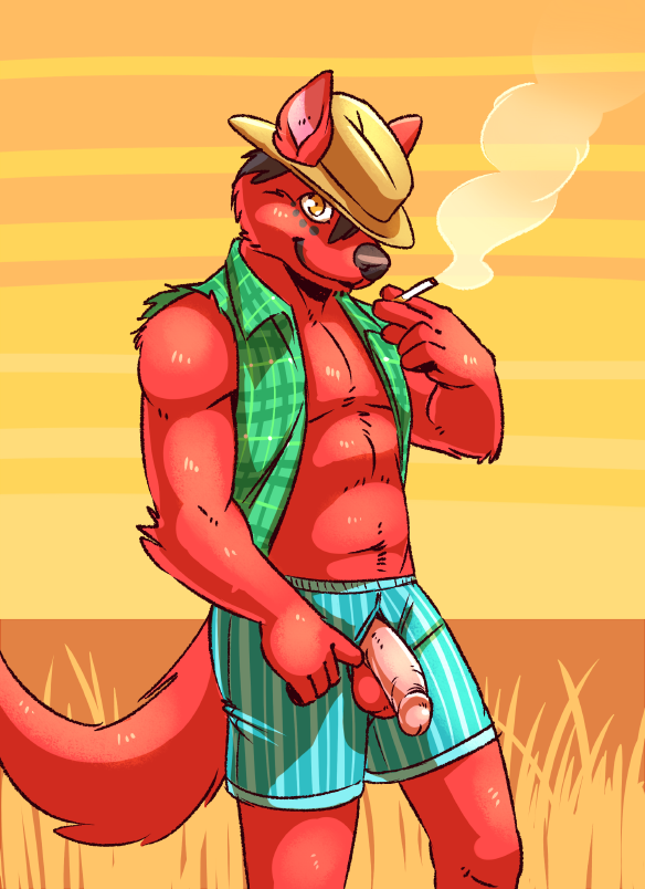 balls biceps big_muscles black_hair boxers canine cigarette clothing flaccid fur grass hair hat looking_at_viewer male mammal muscles open_shirt outside penis penis_through_fly red_fur seaside_(artist) shirt smile smoke solo standing underwear wolf