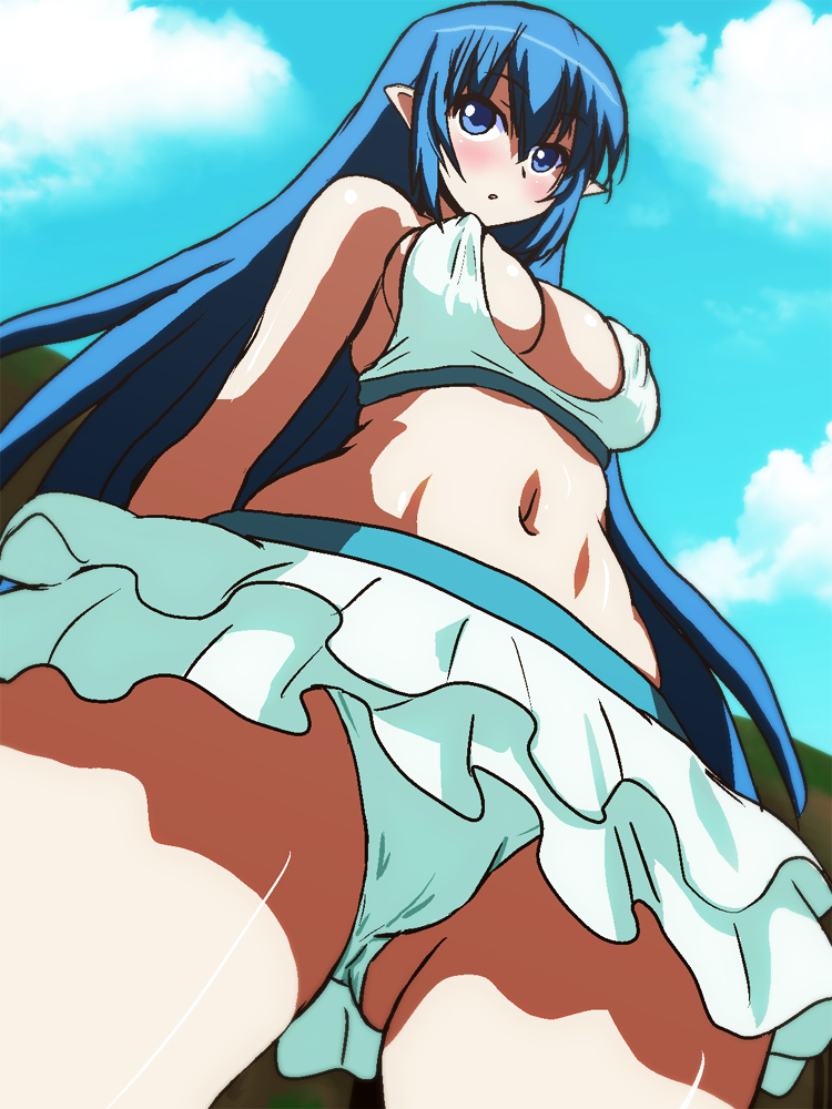 akadama bare_shoulders bikini bikini_skirt blue_eyes blue_hair blue_sky blush breasts cloud covered_nipples cowboy_shot day from_below hair_between_eyes large_breasts leviathan_(zettai_bouei_leviathan) long_hair microskirt navel outdoors parted_lips pointy_ears skirt sky solo swimsuit tankini upskirt white_bikini zettai_bouei_leviathan