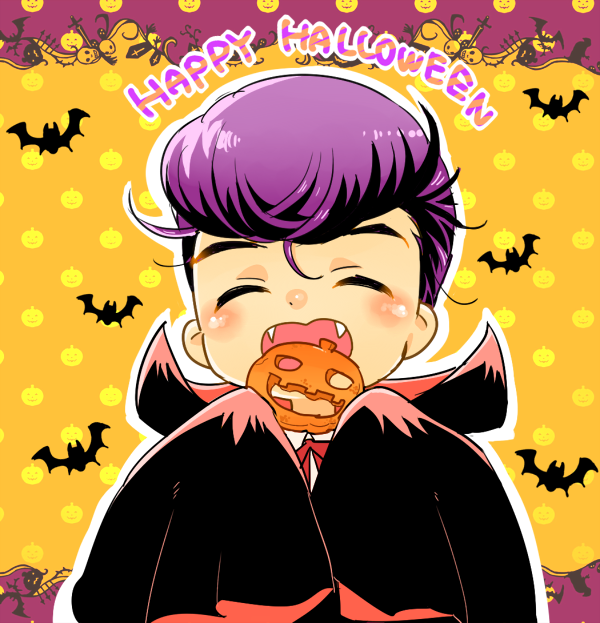 ^_^ cape child closed_eyes cookie eating fangs food halloween higashikata_jousuke jack-o'-lantern jojo_no_kimyou_na_bouken male_focus mine_(myfoot916) pompadour purple_hair solo vampire