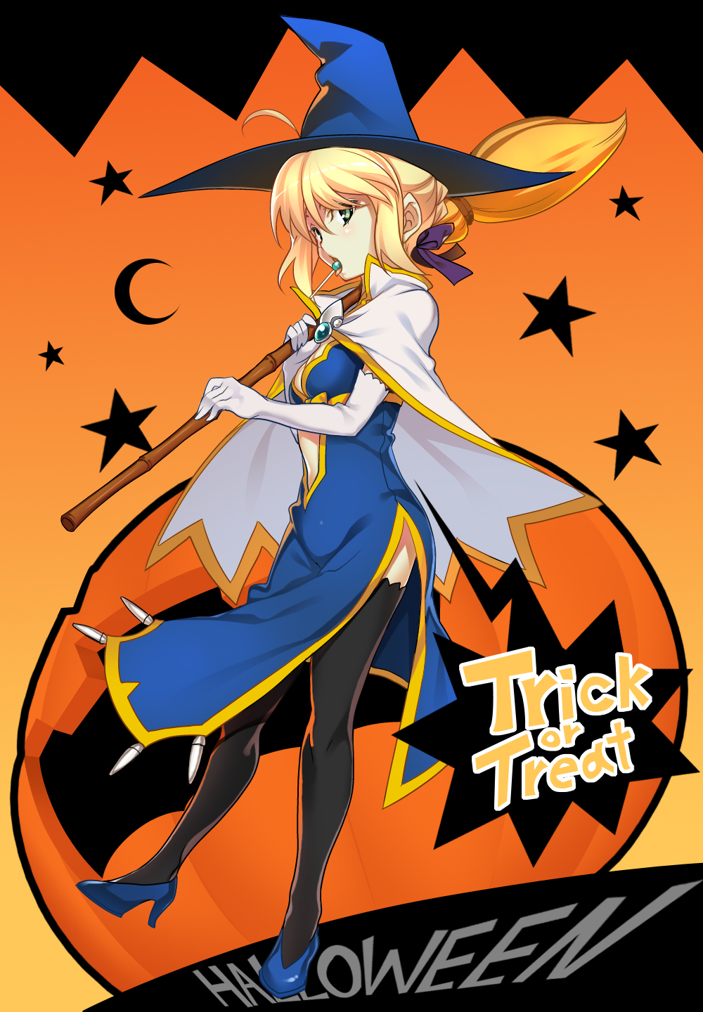 adapted_costume ahoge artoria_pendragon_(all) azu black_legwear blonde_hair broom candy cleavage_cutout costume crescent elbow_gloves english fate/stay_night fate_(series) food gloves green_eyes halloween hat high_heels highres licking lollipop saber solo star thighhighs tongue trick_or_treat witch witch_hat