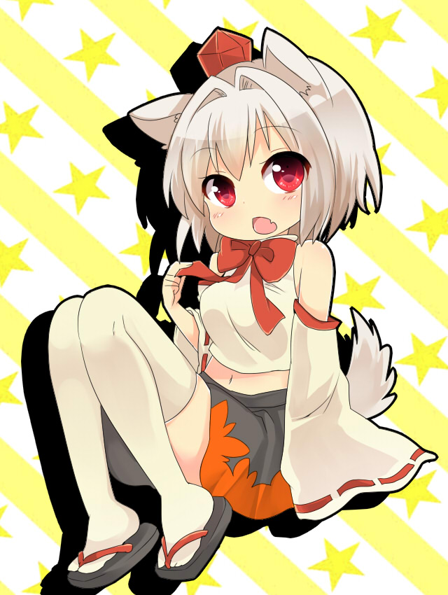 animal_ears blush bow bowtie detached_sleeves fang hat inubashiri_momiji looking_at_viewer ochazuke open_mouth red_bow red_eyes red_neckwear short_hair silver_hair solo star tail tokin_hat touhou wolf_ears wolf_tail