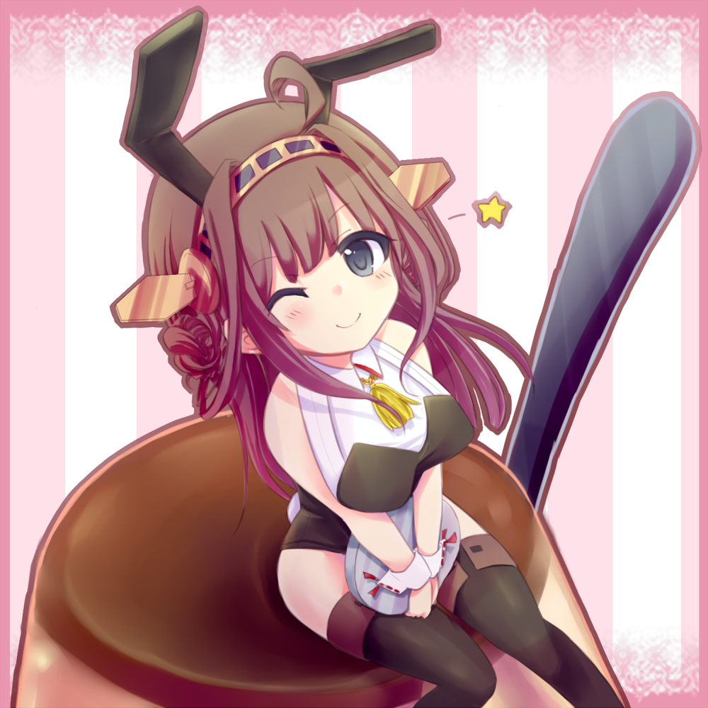 ;) animal_ears bad_id bad_pixiv_id black_eyes black_legwear boots bow bowtie breasts brown_hair bunny_ears bunny_tail bunnysuit double_bun fake_animal_ears hairband headgear kantai_collection kongou_(kantai_collection) large_breasts leotard long_hair looking_up nor_nao one_eye_closed sitting smile solo tail thigh_boots thighhighs tray wrist_cuffs