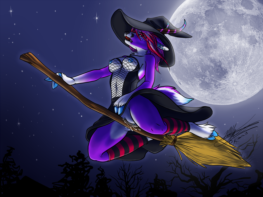 breasts broom canine clothed clothing fangs female full_moon halloween hat holidays hooves horn hybrid ksharra magic_user mammal moon pussy pussy)juice pussy_juice skimpy solo witch