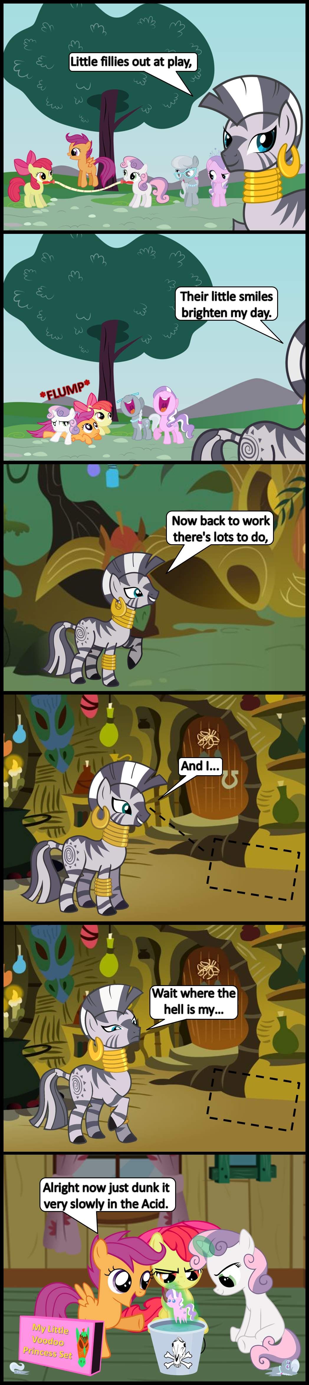 blue_eyes bow box bronybyexception bucket comic cub cutie_mark cutie_mark_crusaders_(mlp) diamond_tiara_(mlp) doll door ear_piercing english_text equine eyewear female feral friendship_is_magic frown fur glasses glowing green_eyes grey_fur grey_hair group hair horn horse inside jewelry jumping long_hair looking_at_viewer magic mammal mask my_little_pony necklace open_mouth orange_fur outside pegasus piercing pony purple_hair red_hair rope scootaloo_(mlp) silver_spoon_(mlp) smile stripes sweetie_belle_(mlp) text tiara tongue two_tone_hair unicorn voodoo_doll white_fur wings young zebra zecora_(mlp)