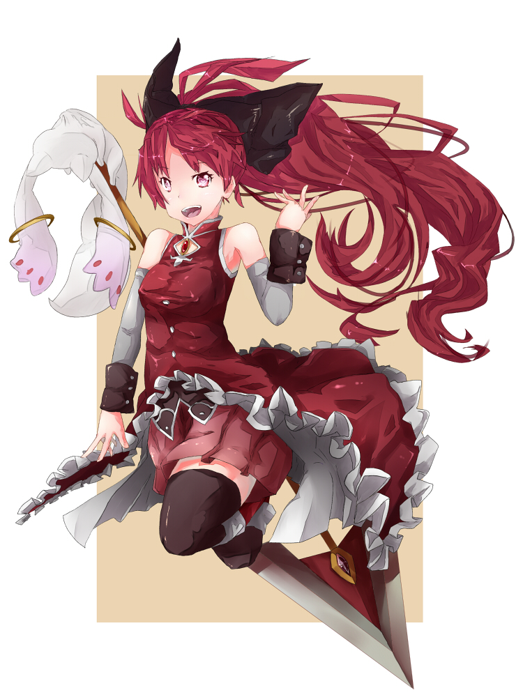 bare_shoulders black_legwear boots bow detached_sleeves hair_bow kyubey long_hair magical_girl mahou_shoujo_madoka_magica mochi_hanpen open_mouth polearm ponytail red red_eyes red_hair sakura_kyouko spear weapon