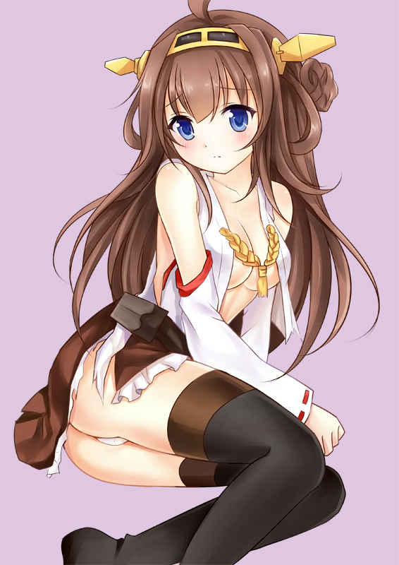 ahoge ass blue_eyes blush boots brown_hair detached_sleeves double_bun hairband japanese_clothes kantai_collection kongou_(kantai_collection) long_hair nikoo panties skirt solo thigh_boots thighhighs underwear white_panties