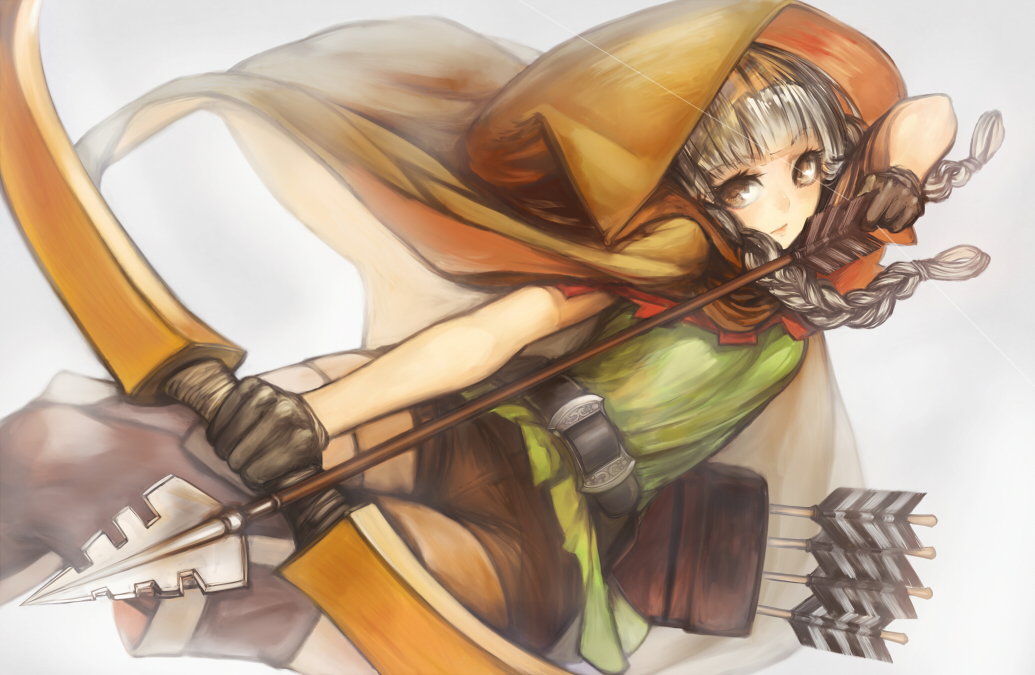 arrow belt black_gloves boots bow_(weapon) braid brown_eyes cloak dragon's_crown drawing_bow elf elf_(dragon's_crown) gloves holding holding_arrow holding_bow_(weapon) holding_weapon hood long_hair looking_at_viewer mins_(minevi) outstretched_arm pointy_ears shorts silver_hair solo thigh_boots thighhighs twin_braids weapon
