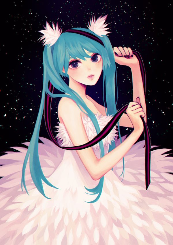 aqua_hair bad_id bad_pixiv_id blue_eyes dress feathers hair_ornament hatsune_miku holding last_night_good_night_(vocaloid) lips long_hair nail_polish parted_lips ribbon solo strapless strapless_dress twintails vocaloid white_dress yoonmi