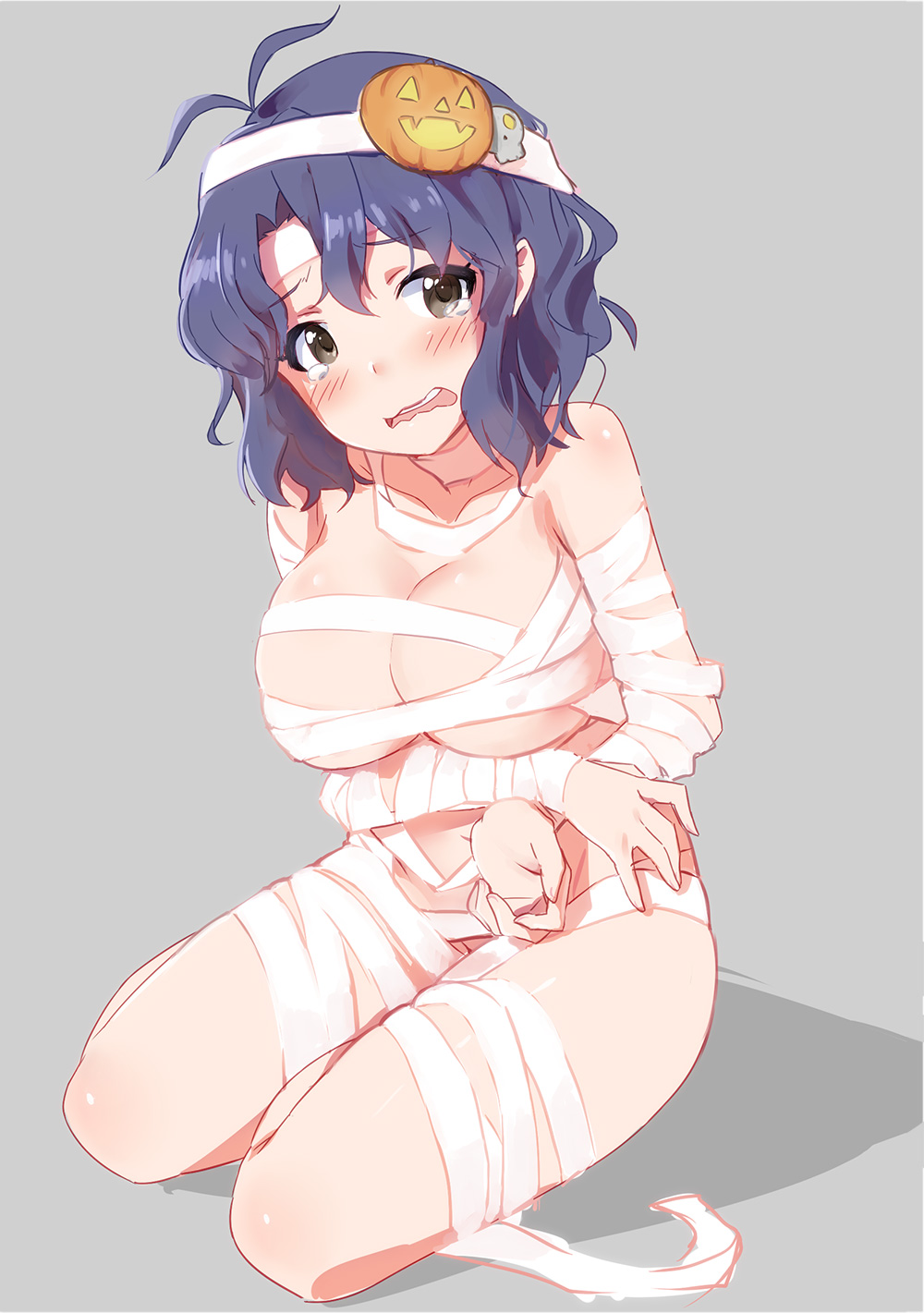 bad_id bad_pixiv_id bandages blue_hair blush breasts brown_eyes cleavage h@ll highres idolmaster idolmaster_million_live! large_breasts looking_at_viewer naked_bandage open_mouth short_hair solo tears toyokawa_fuuka