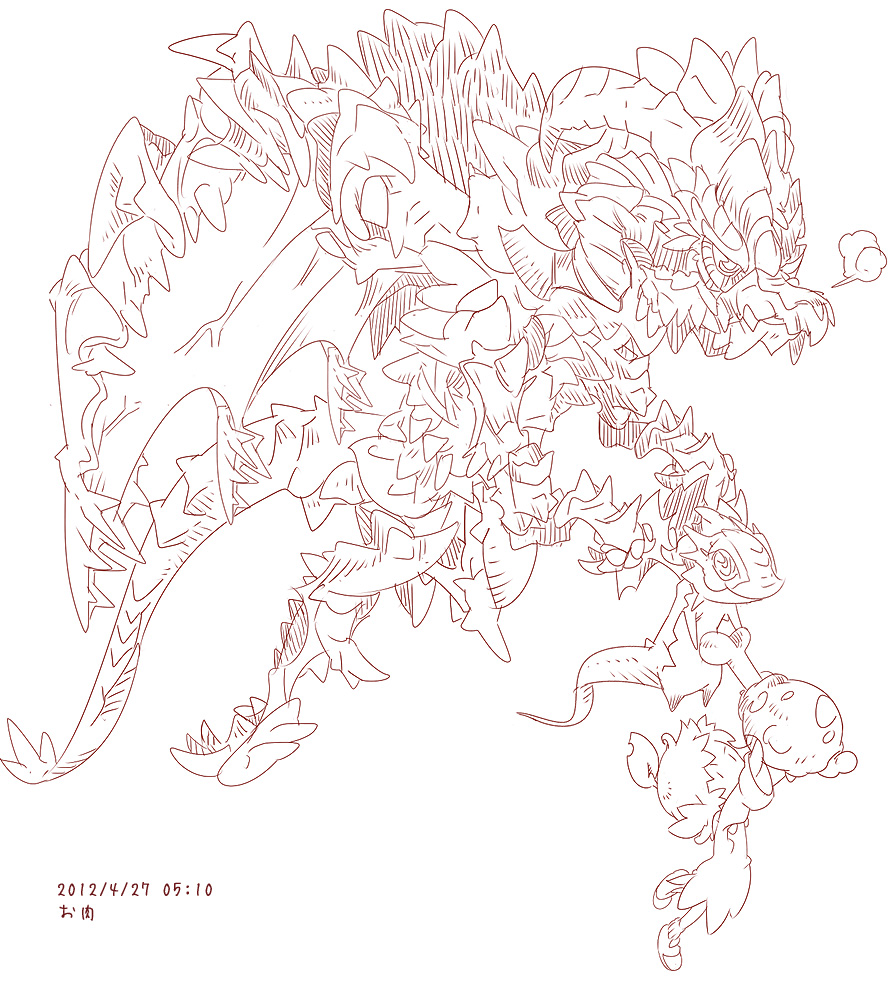 2012 boned_meat carrying creature dated dragon eryi eryi's_action food full_body leaf lineart meat monochrome monster red simple_background sleeves_past_wrists snort translation_request white_background wings yanagi_yagiaji