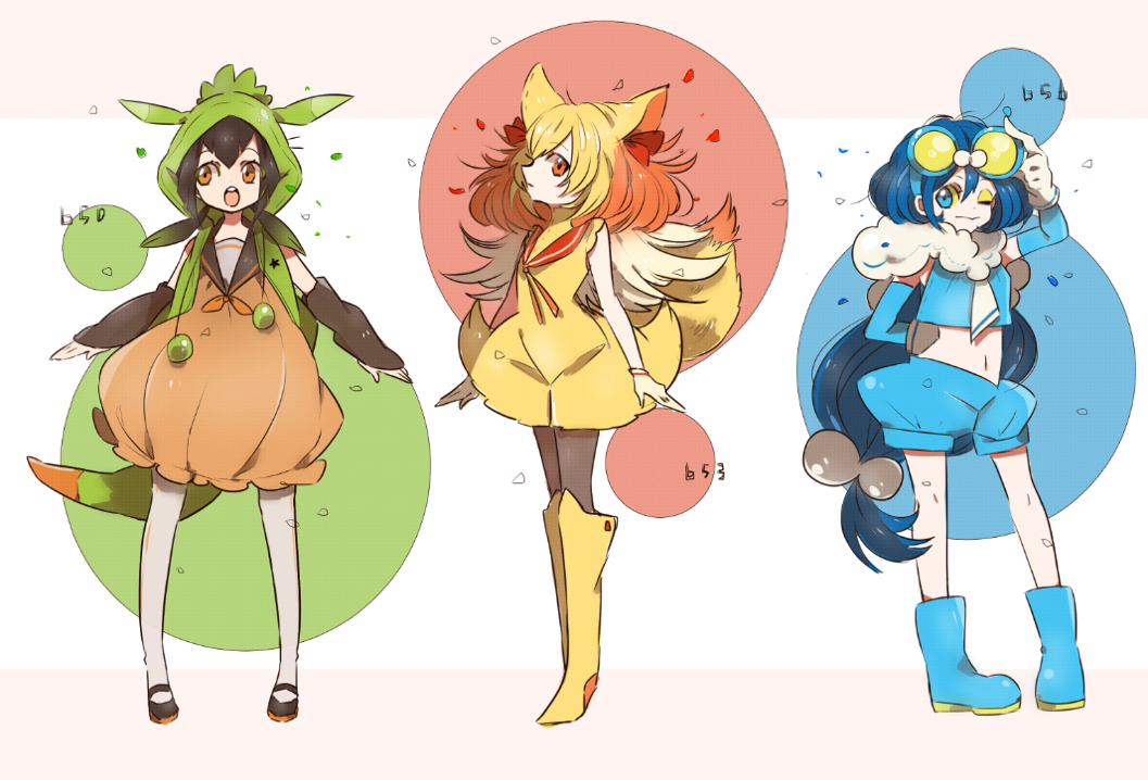 black_hair blonde_hair blue_eyes blue_hair chespin fennekin froakie gen_6_pokemon gloves goggles goggles_on_head long_hair mam233 multiple_girls numbered one_eye_closed pantyhose personification pokemon red_eyes