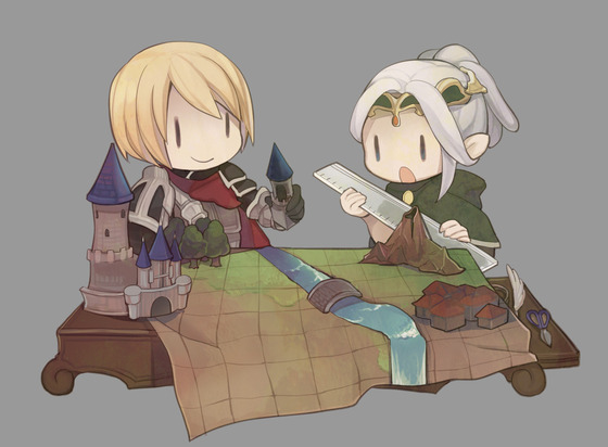1girl :o armor artist_request blonde_hair castle chibi commentary elf english_commentary grey_background map marcus_stern official_art open_mouth pointy_ears project_phoenix ruler scissors simple_background smile sylrianah_tyrnearaheal volcano white_hair |_|