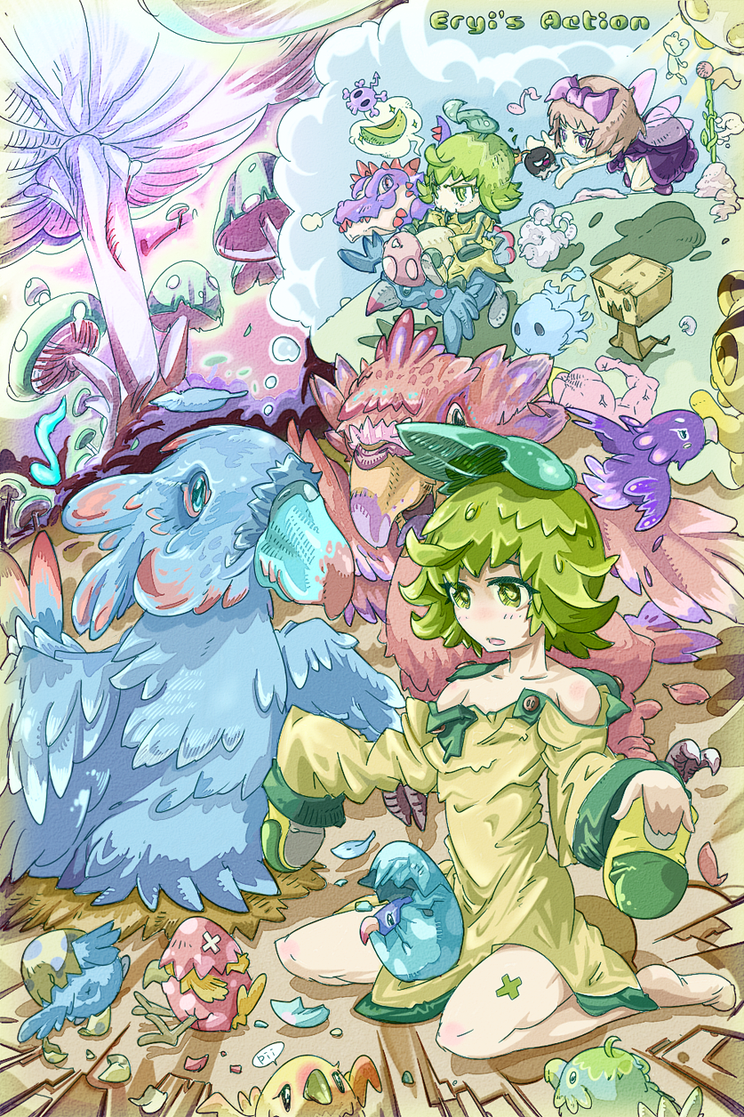 :3 ahoge bare_shoulders bow brown_hair character_request chikobo collarbone copyright_name croco_(eryi's_action) curly_hair dress egg english eryi eryi's_action fairy fairy_wings farta flagpole food frog fruit green_dress green_eyes green_hair hair_bow hatching highres leaf melon monster multiple_girls mushroom musical_note open_mouth purple_eyes shoes_removed short_hair sleeves_past_wrists snort sparkle thought_bubble torn_clothes ufo v-shaped_eyebrows wings yanagi_yagiaji