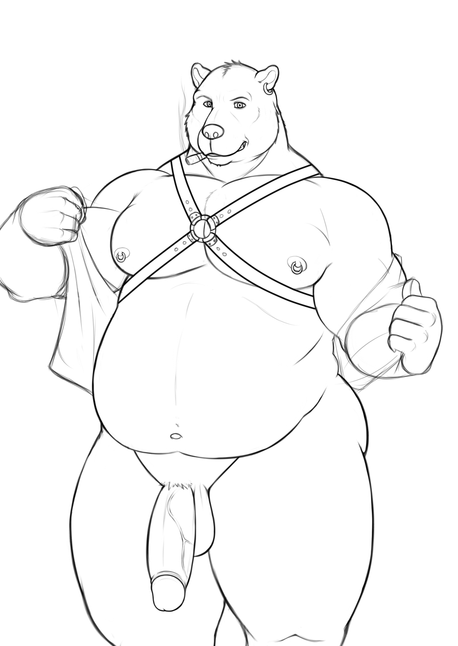 anthro balls bear biceps big_muscles big_penis chubby cigar ear_piercing erection fur harness looking_at_viewer male mammal musclegut muscles nipple_piercing nipples nude pecs penis piercing plain_background pose sabbern sketch solo standing undressing vamplust