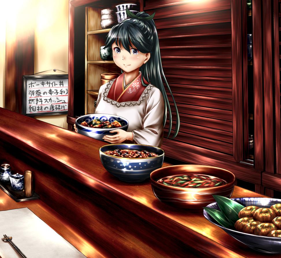 anchor_print black_eyes black_hair blush bowl chopstick_rest chopsticks closed_mouth commentary_request disconnected_mouth embroidery eyebrows_visible_through_hair food food_request high_ponytail holding holding_bowl houshou_(kantai_collection) indoors japanese_clothes kantai_collection kappougi long_hair long_ponytail long_sleeves looking_at_viewer pov_across_table sign smile solo standing translated wa_maid yuzu_momo