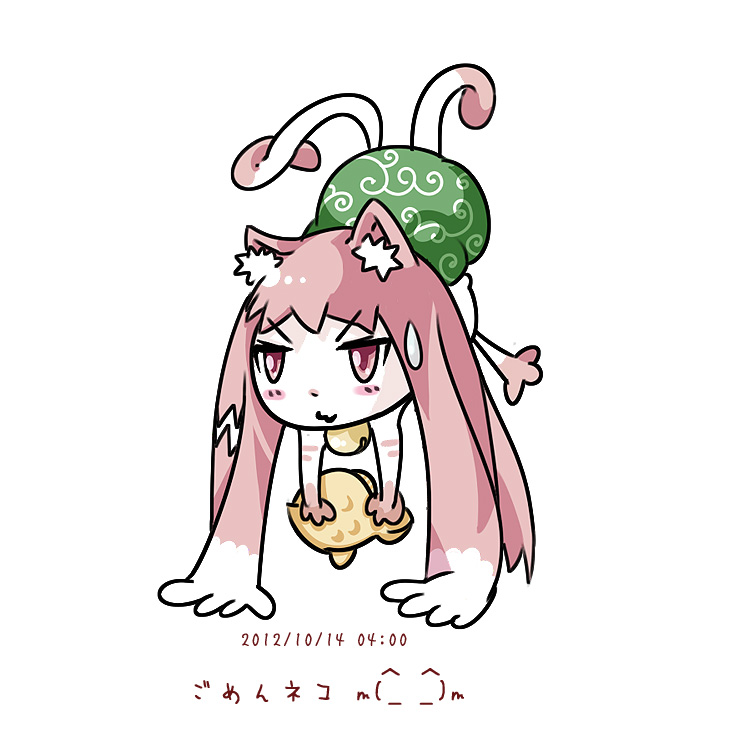 2012 :3 animal_ears blush cat_ears dated emoticon full_body handstand long_hair multicolored_hair multiple_tails original pink_hair simple_background solo sweatdrop tail top-down_bottom-up translation_request two-tone_hair upside-down v-shaped_eyebrows very_long_hair white_background yanagi_yagiaji