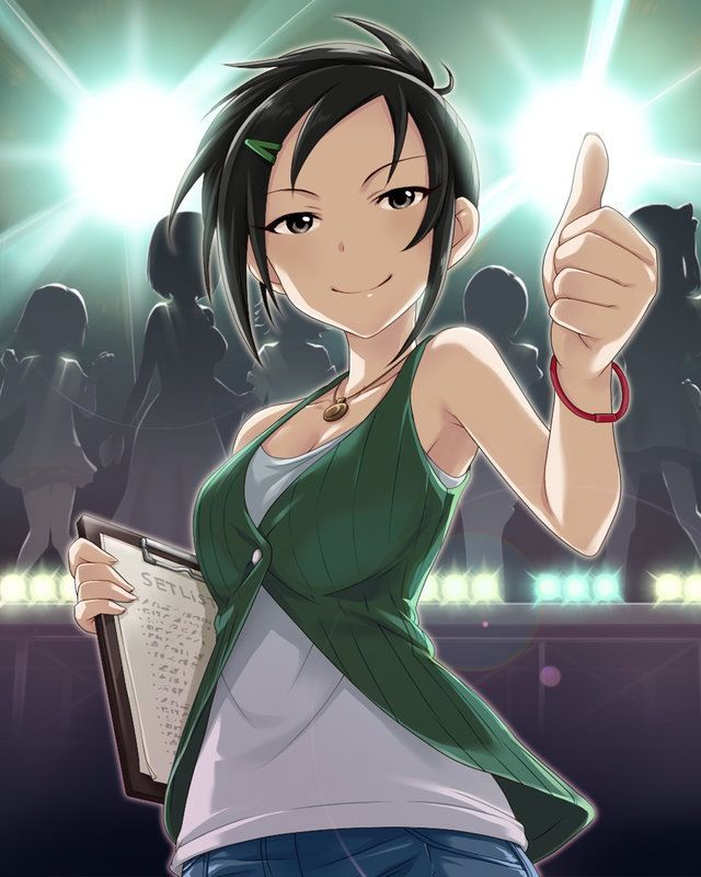 artist_request black_hair brown_eyes clipboard hair_ornament hairclip idolmaster idolmaster_cinderella_girls jewelry master_trainer necklace official_art ponytail smile solo thumbs_up trainer_(idolmaster)