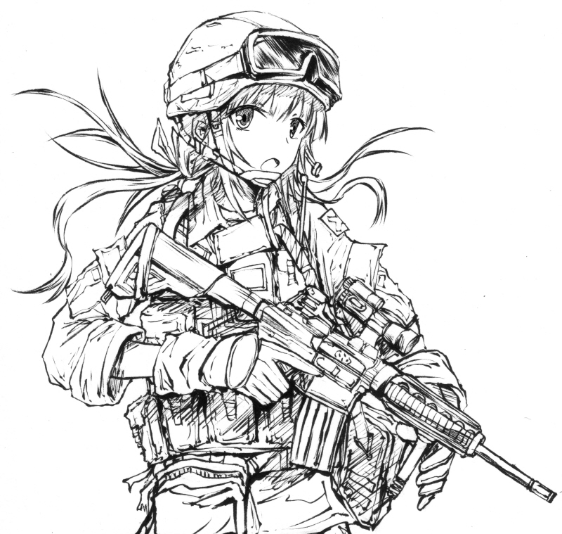 aimpoint assault_rifle bae.c gloves greyscale gun headset helmet holding holding_gun holding_weapon long_hair looking_at_viewer m4_carbine magazine_(weapon) military monochrome open_mouth original rifle solo trigger_discipline twintails us_army vertical_foregrip weapon