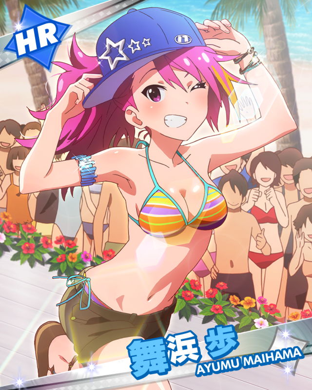 armlet audience baseball_cap beach bikini bracelet breasts character_name cleavage grin hat idolmaster idolmaster_million_live! jewelry long_hair looking_at_viewer maihama_ayumu medium_breasts multicolored_hair multiple_boys multiple_girls navel ocean official_art one_eye_closed open_mouth pink_eyes pink_hair ponytail shorts smile solo_focus sunlight swimsuit thumbs_up