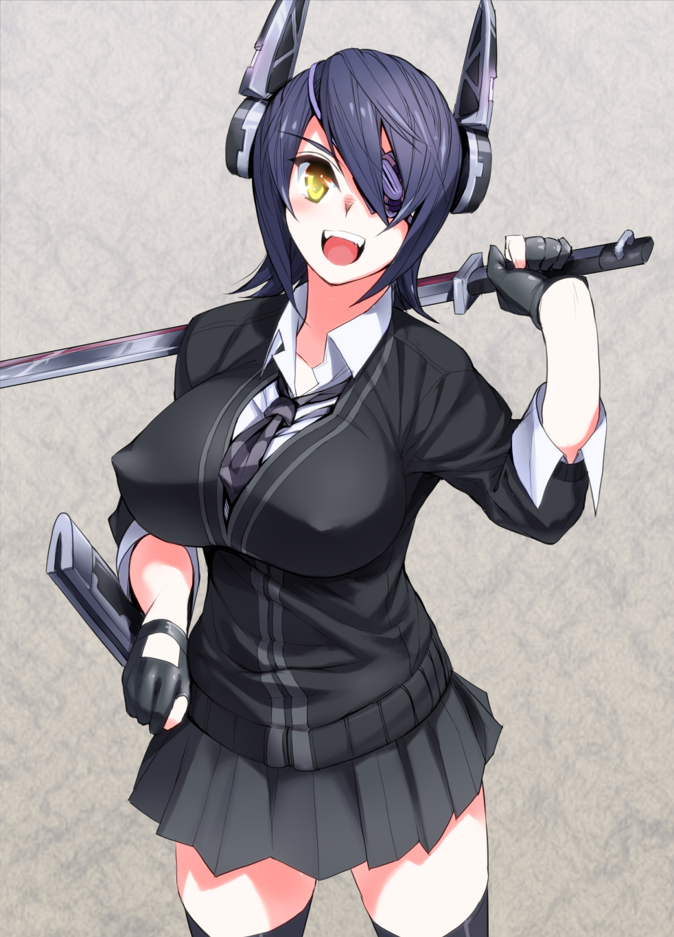 black_hair black_legwear breasts covered_nipples eyepatch fangs fingerless_gloves gen_(black_factory) gloves highres kantai_collection katana large_breasts left-handed looking_at_viewer open_mouth short_hair smile solo sword tenryuu_(kantai_collection) thighhighs weapon yellow_eyes