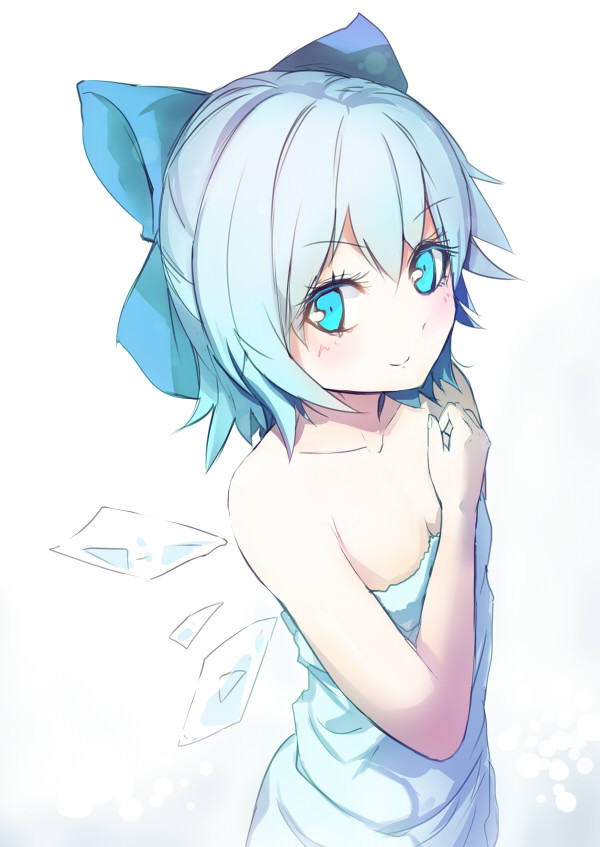 bare_shoulders blue_eyes blue_hair blush bow cirno culter hair_bow naked_towel short_hair smile solo touhou towel wings