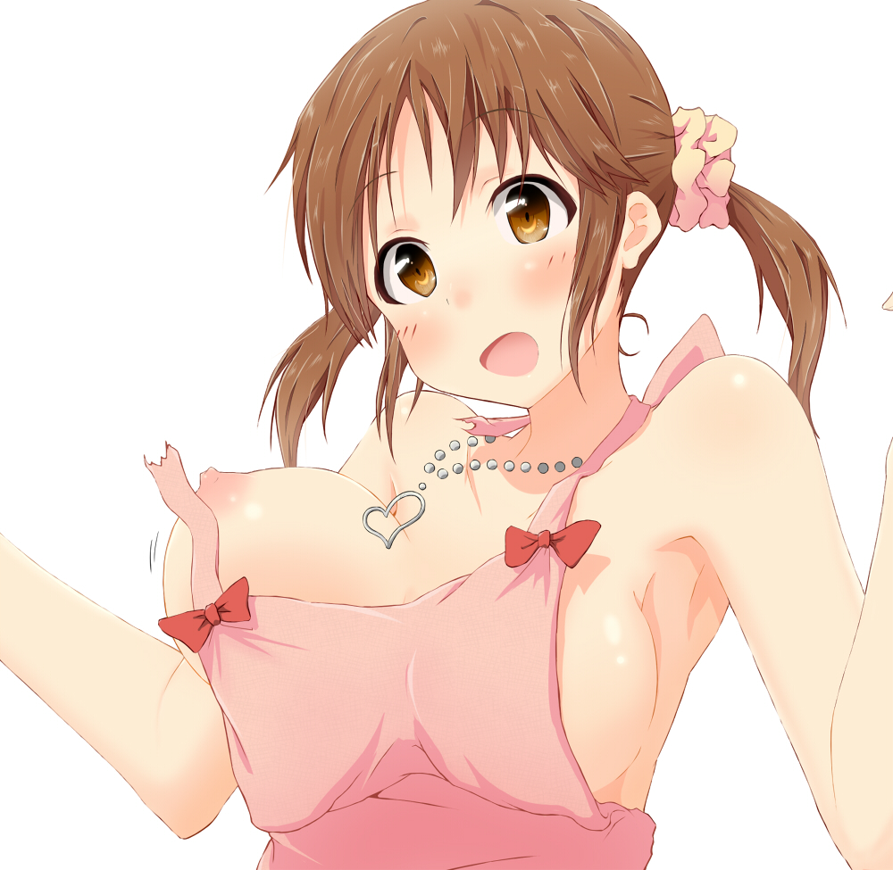 apron bad_id bad_pixiv_id blush breasts brown_eyes brown_hair heart idolmaster idolmaster_cinderella_girls jewelry large_breasts long_hair looking_at_viewer naked_apron nipples open_mouth pendant shinose_(sinose) simple_background solo totoki_airi twintails wardrobe_malfunction white_background