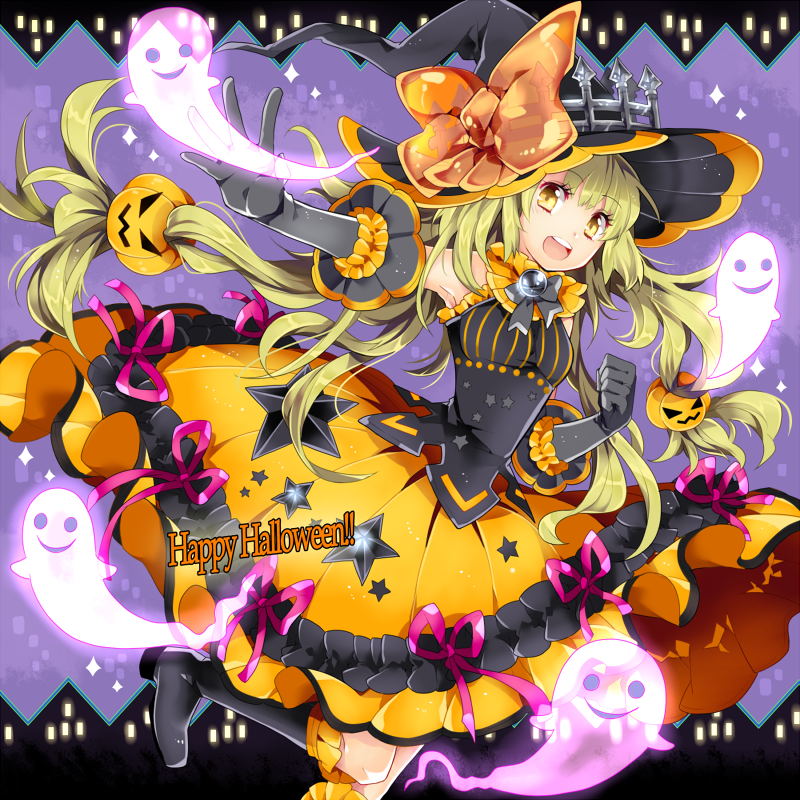 blonde_hair ghost gloves halloween hat jack-o'-lantern original ririkuto solo witch_hat yellow_eyes