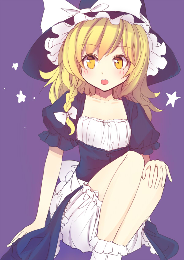 apron black_dress blonde_hair bloomers bow braid collarbone culter dress hand_on_own_knee hat hat_bow kirisame_marisa looking_at_viewer open_mouth puffy_sleeves short_sleeves single_braid sitting solo star touhou underwear waist_apron white_bow witch_hat yellow_eyes