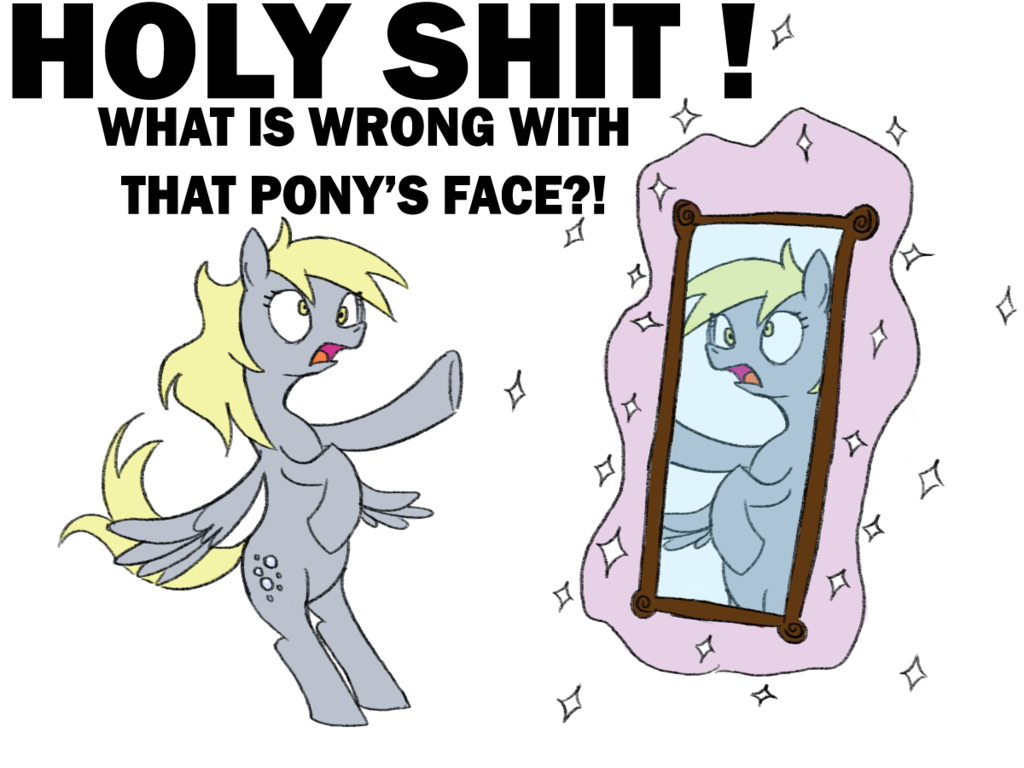 alpha_channel blonde_hair cutie_mark derpy_hooves_(mlp) dialog english_text equine female friendship_is_magic glowing hair hobbsmeerkat horse magic mammal mirror my_little_pony pegasus plain_background pointing pony solo sparkles text transparent_background wings yellow_eyes
