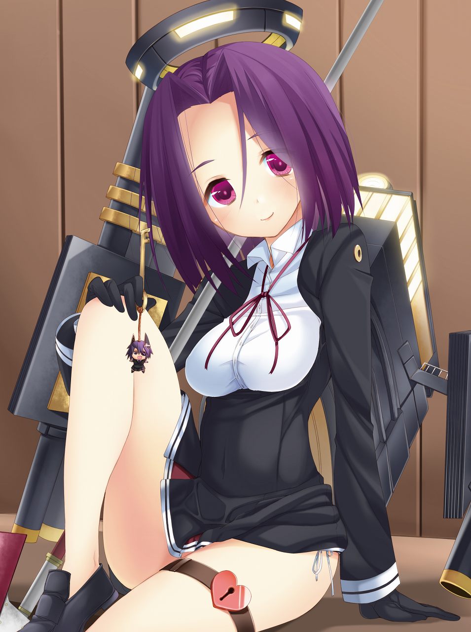 arm_support breasts character_doll dress glaive gloves heart-shaped_lock heart_lock_(kantai_collection) highres kantai_collection key leg_up loafers looking_at_viewer mechanical_halo medium_breasts neck_ribbon nigo_(aozoragarou) no_socks polearm purple_eyes purple_hair ribbon rigging school_uniform shoes short_hair sitting skirt smile solo tatsuta_(kantai_collection) tenryuu_(kantai_collection) underbust weapon
