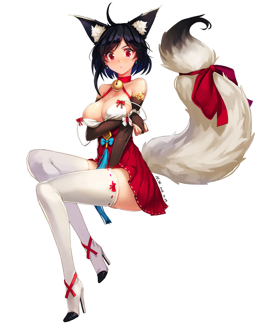 ahoge animal_ears bad_id bad_pixiv_id bell bell_choker black_gloves black_hair blush boots breast_hold breasts bridal_gauntlets choker cleavage dated deneb_(noble324) earrings elbow_gloves fox_ears fox_tail gloves hakama_skirt high_heels highres jewelry large_breasts long_legs looking_at_viewer original parted_lips red_eyes ribbon short_hair simple_background sitting solo strap_slip tail tail_ribbon tassel thigh_boots thighhighs white_background white_legwear wrist_cuffs