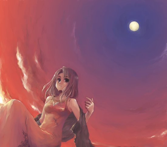 dress dutch_angle expressionless full_moon looking_at_viewer moon original red_dress shawl short_hair sitting sky solo sunset travo