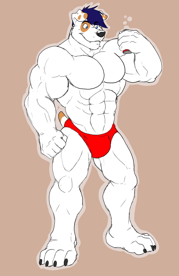 anthro beefcake biceps big_muscles black_nose blue_eyes blue_hair bulge can canine claws dog drink fangs flexing fur grin hair handsome male mammal muscles mutant_serpentina pecs plain_background pose smile solo speedo standing swimsuit teeth toe_claws toned topless white_fur