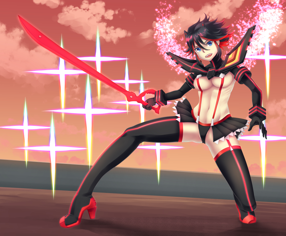 black_hair blue_eyes boots breasts gloves high_heel_boots high_heels kill_la_kill lasts matoi_ryuuko short_hair skirt sword thigh_boots thighhighs weapon