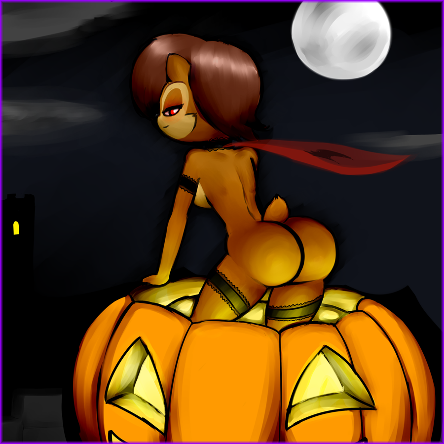 anthro big_butt breasts brown_hair butt chipmunk female full_moon hair halloween holidays looking_at_viewer looking_back mammal moon night norithics nude pumpkin red_eyes red_hair rodent sally_acorn sega side_boob smile solo sonic_(series)