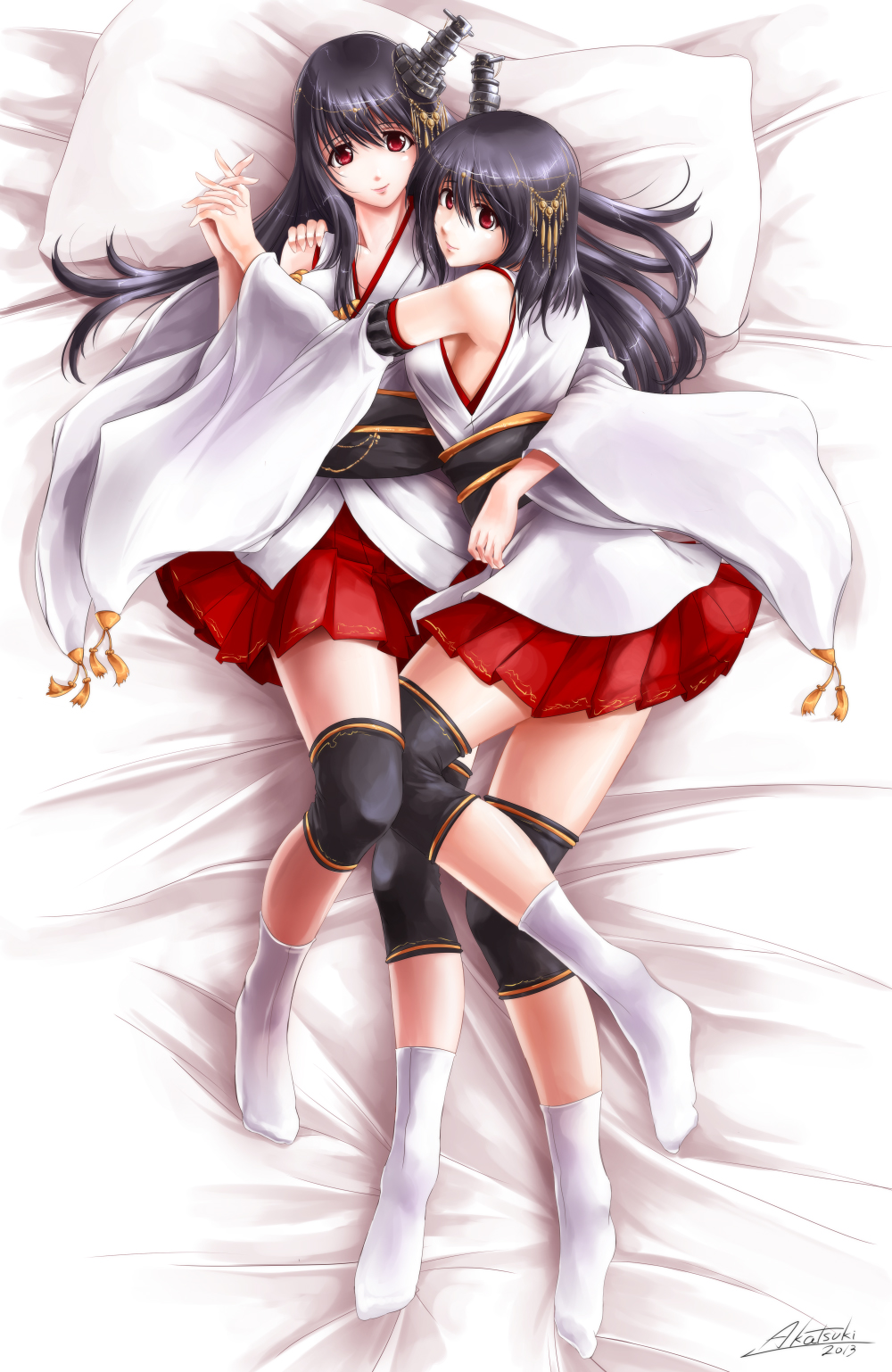 akatsuki_akane black_hair breast_press breasts detached_sleeves fusou_(kantai_collection) highres interlocked_fingers japanese_clothes kantai_collection long_hair long_sleeves looking_at_viewer multiple_girls nontraditional_miko on_bed pillow pleated_skirt red_eyes skirt smile symmetrical_docking wide_sleeves yamashiro_(kantai_collection)