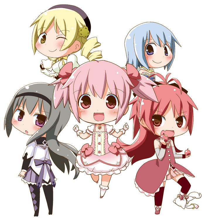 :d :o ;) akemi_homura apple argyle argyle_legwear beret black_hair black_legwear blonde_hair blue_eyes blue_hair breasts brown_eyes buttons chibi commentary_request cup drill_hair eating food fruit gerotan hat kaname_madoka kyubey long_hair looking_at_viewer looking_back magical_girl mahou_shoujo_madoka_magica medium_breasts miki_sayaka multiple_girls one_eye_closed open_mouth pantyhose pink_eyes pink_hair ponytail puffy_short_sleeves puffy_sleeves purple_eyes red_eyes red_hair sakura_kyouko short_hair short_sleeves short_twintails simple_background skirt smile standing teacup thighhighs tomoe_mami twintails white_background yellow_eyes