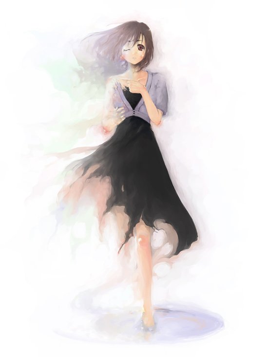 barefoot brown_eyes brown_hair dissolving dress expressionless floating_hair full_body looking_at_viewer original solo standing travo wince