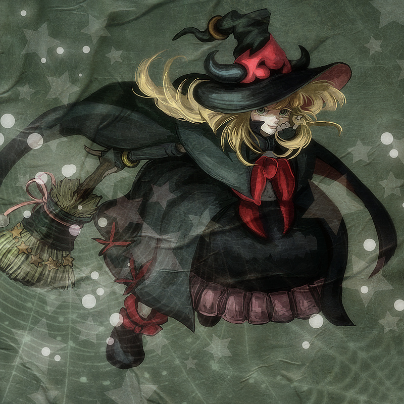 blonde_hair broom dress duel_monster fingerless_gloves ghostrick_witch gloves green_eyes hat horns looking_at_viewer sakakami star wings witch_hat yuu-gi-ou
