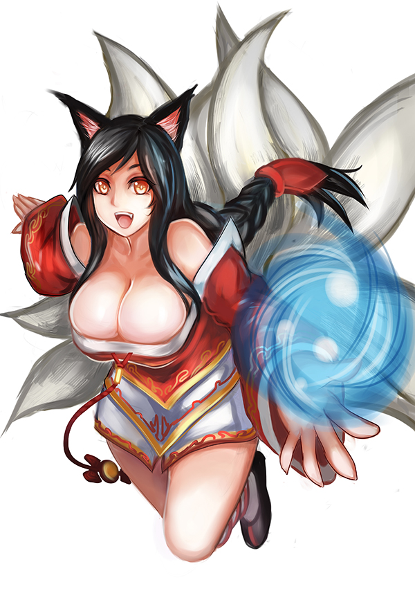 ahri animal_ears bare_shoulders black_hair breasts brown_eyes detached_sleeves fox_ears fox_tail huge_breasts league_of_legends long_hair looking_at_viewer low_neckline qblade smile solo tail thighs